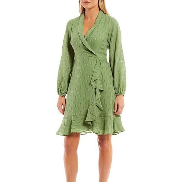 London Times Dresses & Skirts - NEW London Times Green Long Sleeve Dress Size 6 Faux Wrap Ruffle Balloon Sleeve